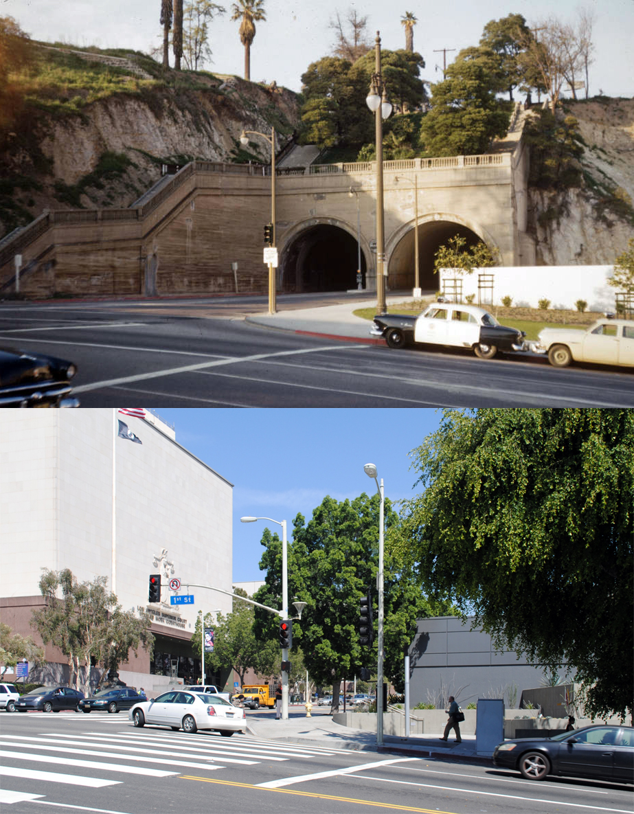 The Hill Street Tunnels, looking north on Hill Street from First Street,  1954-2014